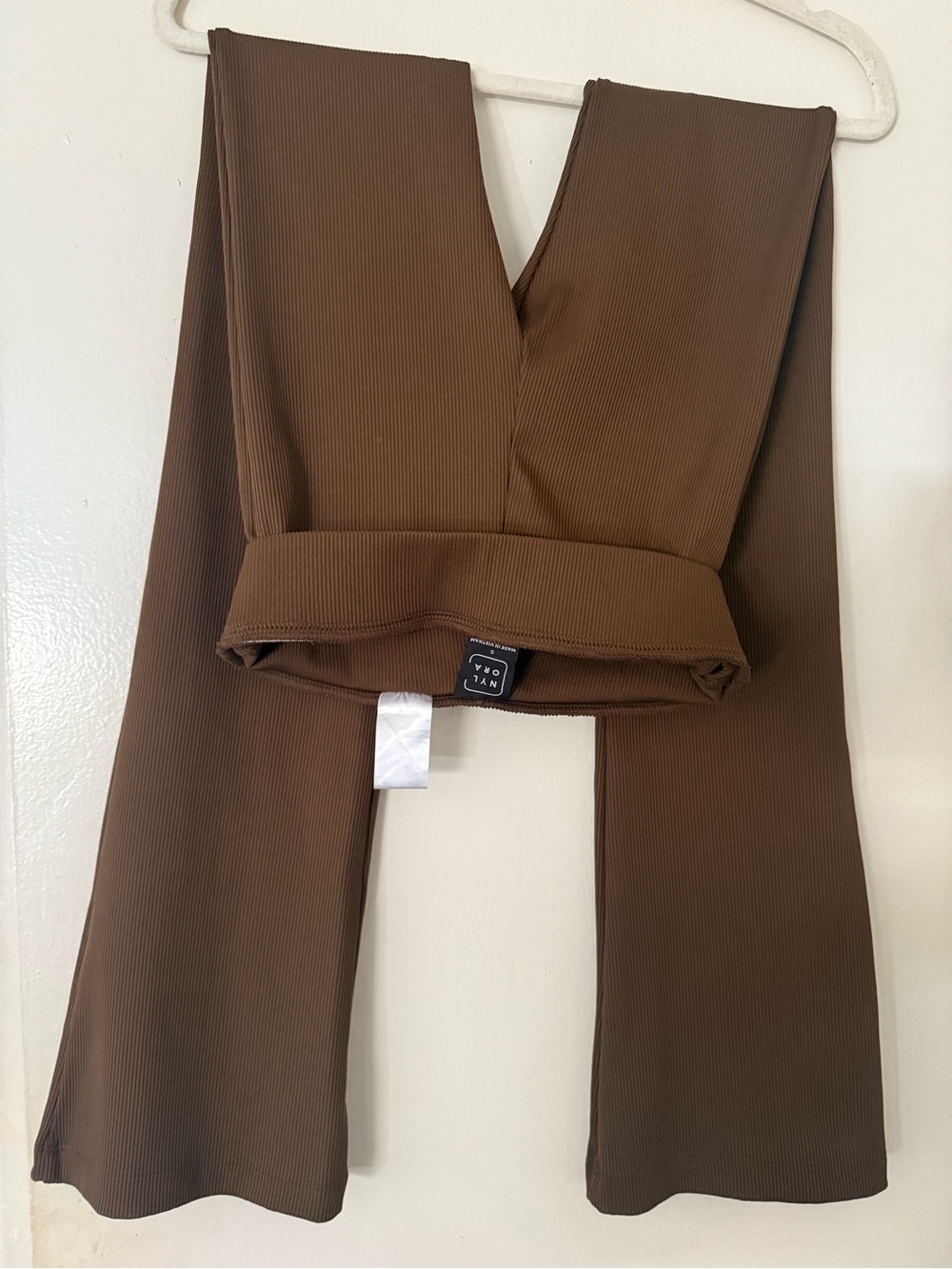 NYLORA Brown Ribbed High-Waist Flare Pants with Front Slits - Picture 3 of 5